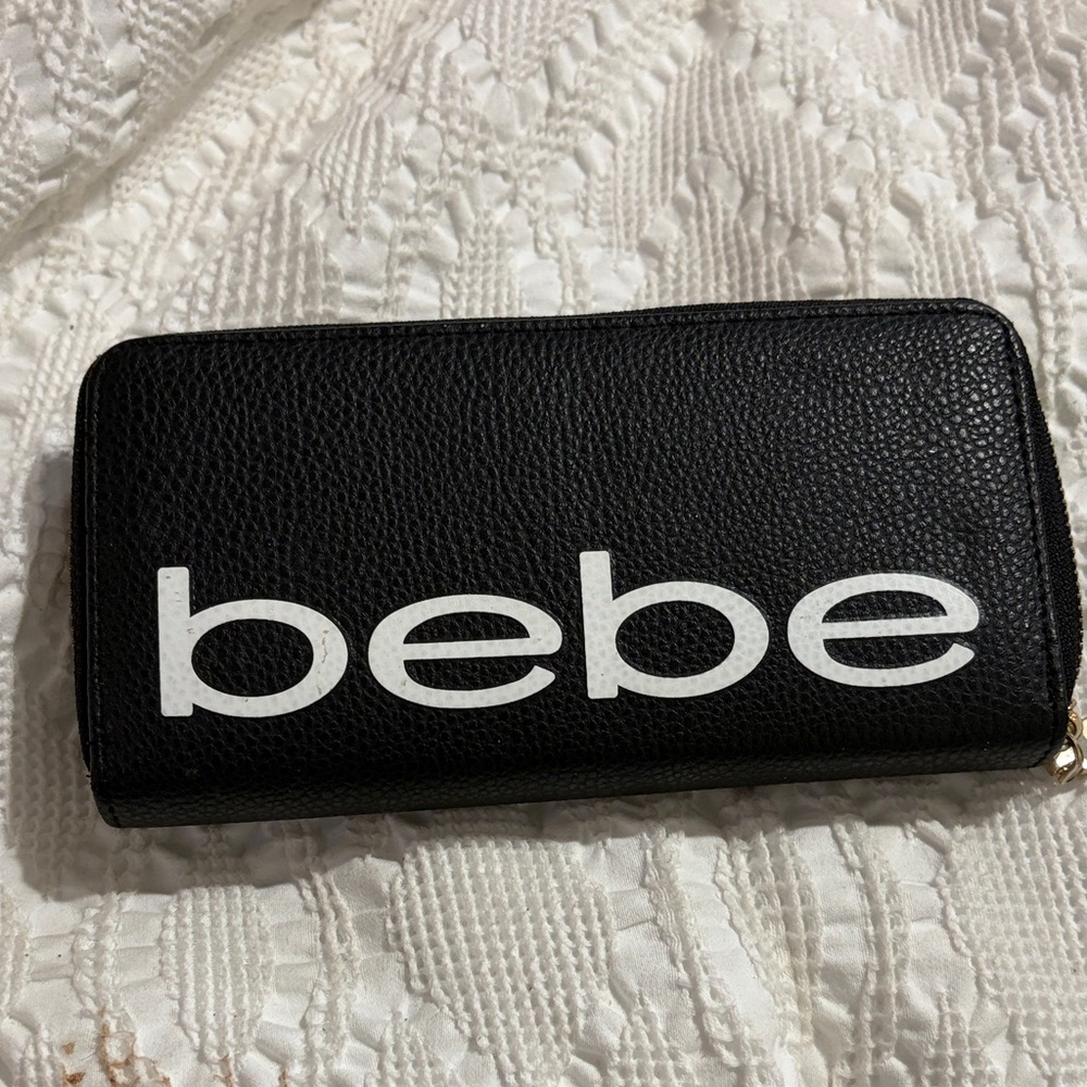 bebe Black Wallet with White Logo Zip